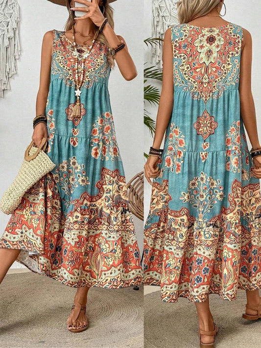 Holidaya Ladies Summer Floral Print Round Neck Sleeveless Dress For Casual Or Vacation Maxi Vacation Beach Outfits Women