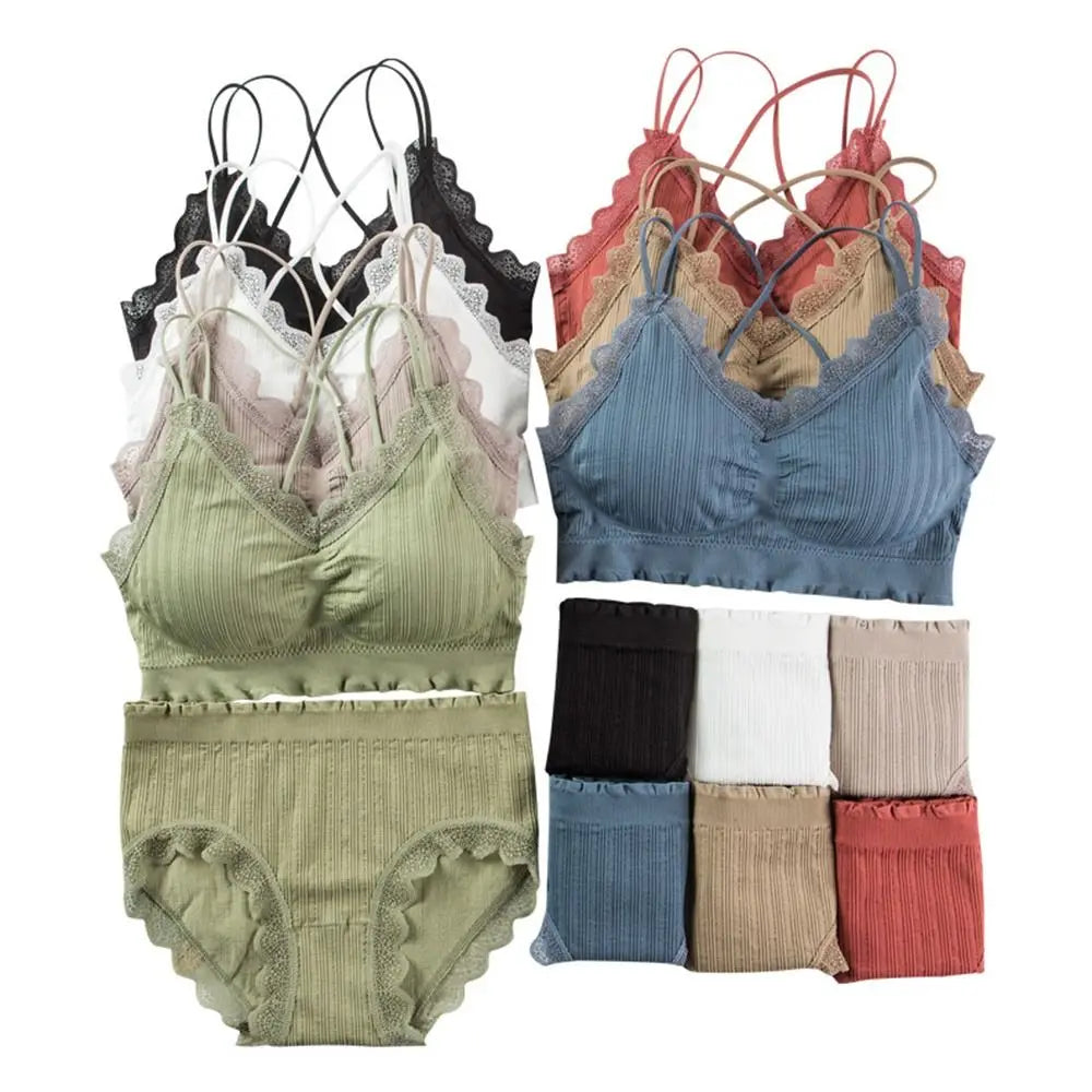 1Set Casual Lace Women Seamless Bra Set V-Neck Breathable Underwear Set Comfortable with Bra Pads Lingerie Set