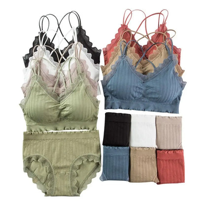 1Set Casual Lace Women Seamless Bra Set V-Neck Breathable Underwear Set Comfortable with Bra Pads Lingerie Set