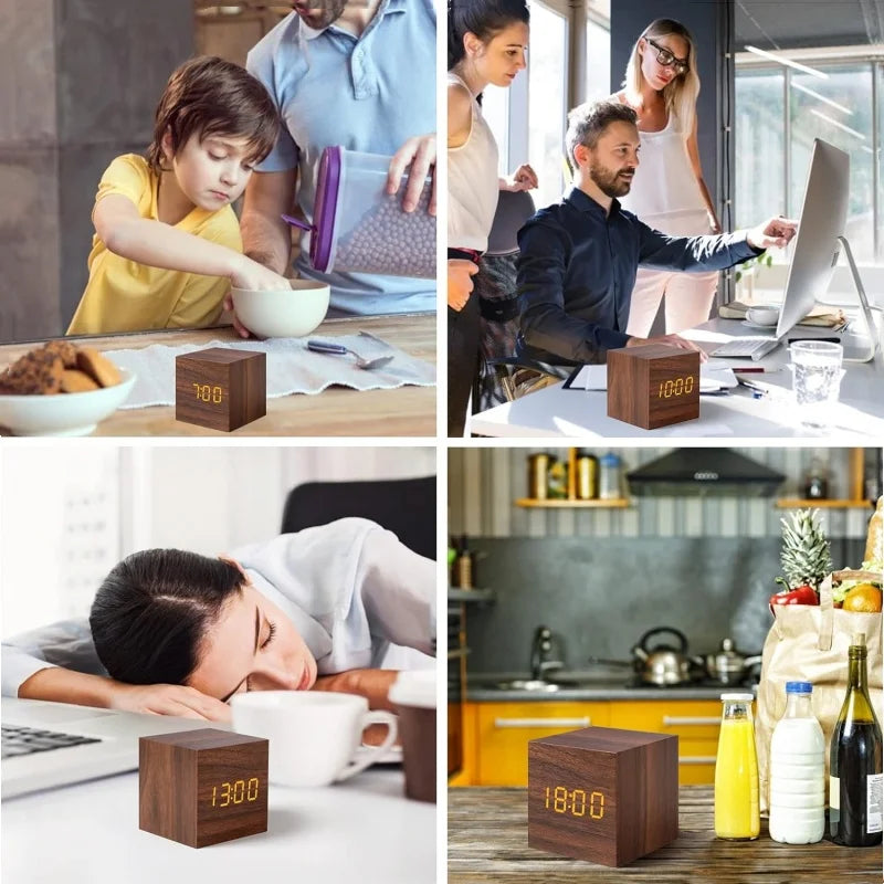 Voice Control  Wooden Digital Alarm Clock TEMP Date 3 Alarms Desktop Electronic Table Clock 12/24H USB Powered LED Bedside Clock