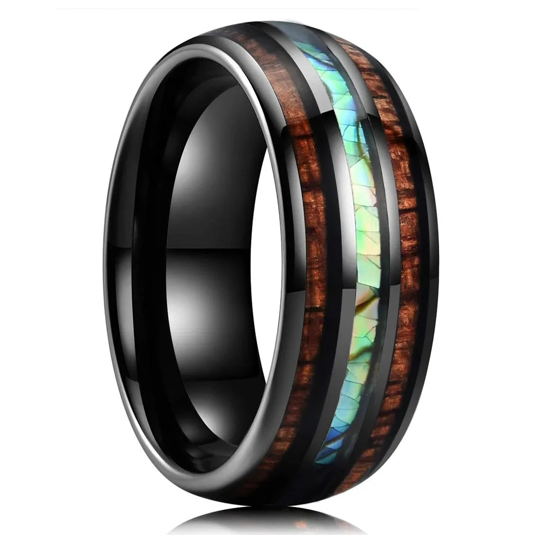 Fashion 8mm Rose Gold Color Stainless Steel Guitar String Rings for Men Koa Wood Inlay Ring Whiskey Barrel Mens Wedding Band