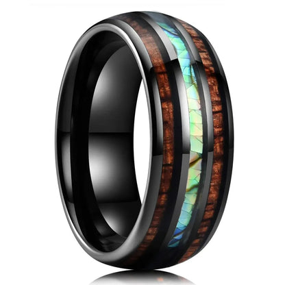 Fashion 8mm Rose Gold Color Stainless Steel Guitar String Rings for Men Koa Wood Inlay Ring Whiskey Barrel Mens Wedding Band