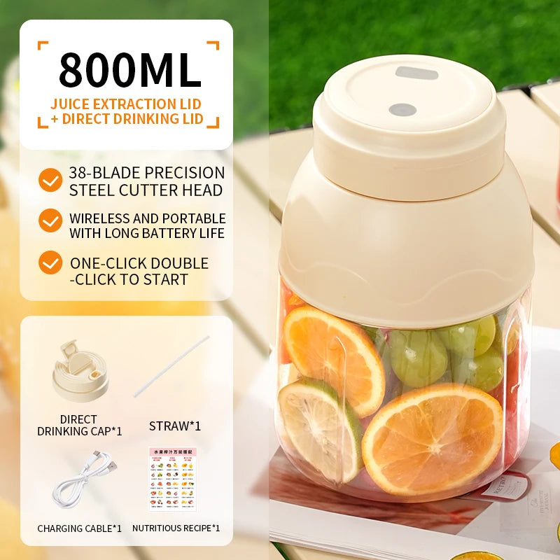 Portable Electric Citrus Juicer and Smoothie Blender, 28 Ounce Portable Fresh Juicer with Straw and 2 Lids, Mini Fruit Blender