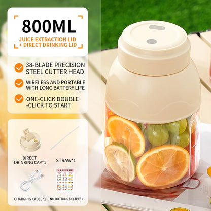 Portable Electric Citrus Juicer and Smoothie Blender, 28 Ounce Portable Fresh Juicer with Straw and 2 Lids, Mini Fruit Blender
