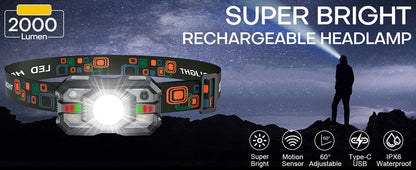 Rechargeable Headlamp Motion Sensor LED Headlight Red Light Super Bright Fishing Light Head Flashlight Camping Outdoor Head Lamp