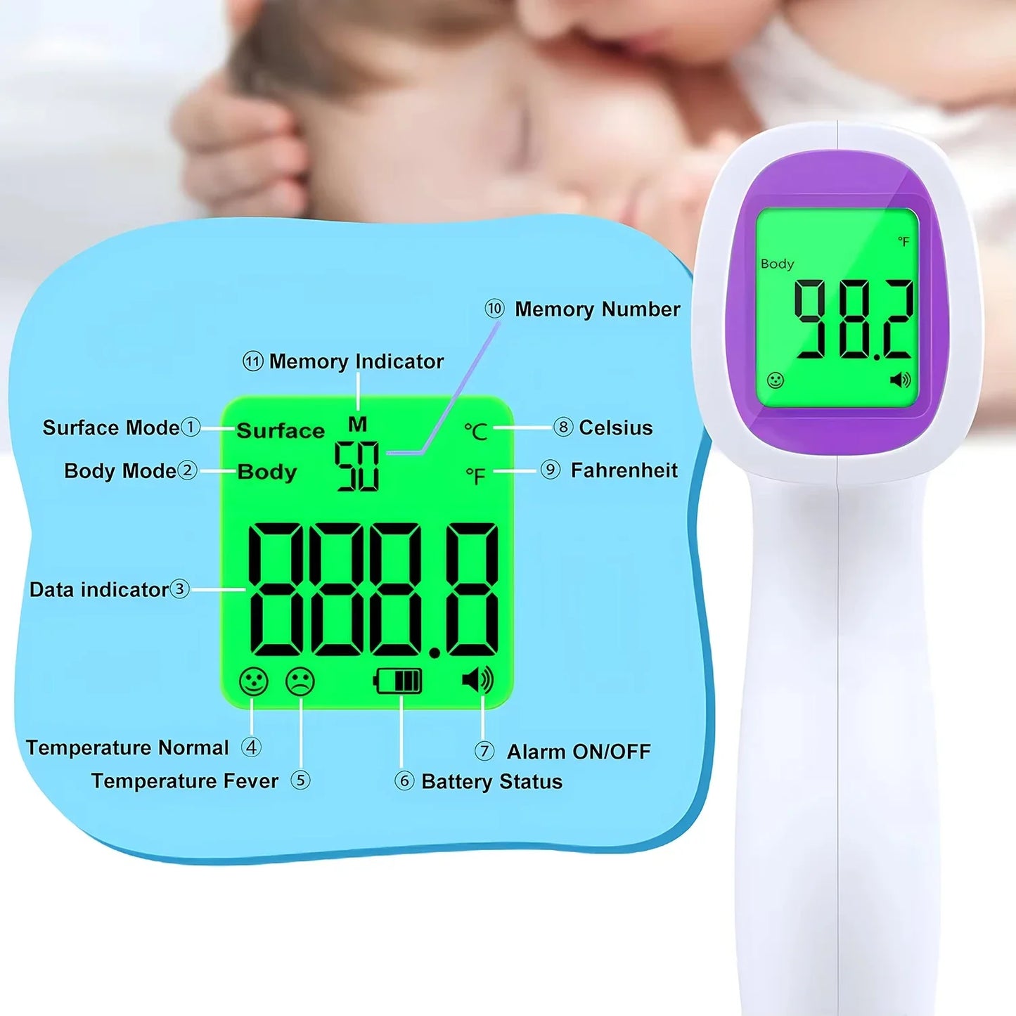 Household Infrared Thermometer Digital Non Contact LCD Laser Thermometer Tool Handheld IR Temp Pyrometer Finger Pulse Oximeter