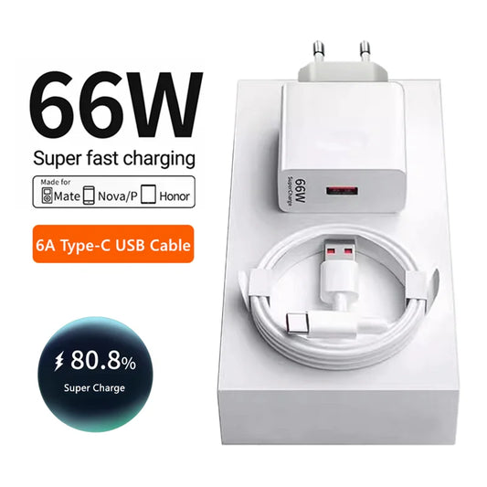 Ładowarka sieciowa 6A 66W Super Fast EU do Huawei Mate 40 50 60 P50 Nova 8 9 10 Honor 90 100 X7 X8 X9 Magic z kablem USB do ładowania Type C