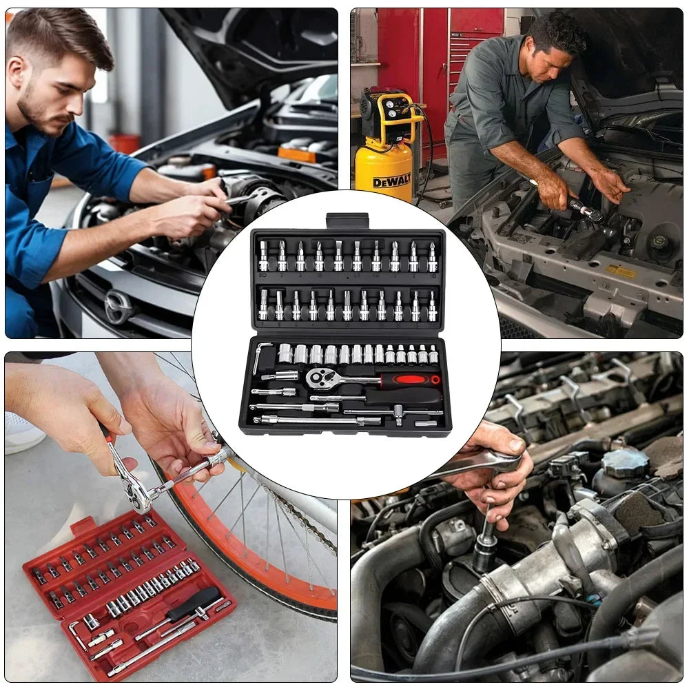 46pcs Family Tools 1/4 Inch Drive Socket Ratchet Wrench Set Complete Car Repair Kit for Motorcycle and Bicycle Maintenance Tools