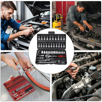 46pcs Family Tools 1/4 Inch Drive Socket Ratchet Wrench Set Complete Car Repair Kit for Motorcycle and Bicycle Maintenance Tools