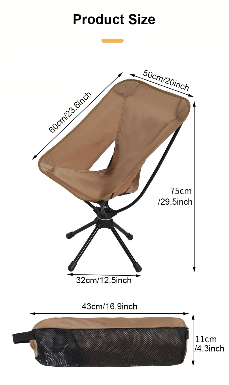 Outdoor Folding Chairs Rotatable Swivel Chair for Camping Lightweight Beach Fishing Chairs with Carry Bag for Picnic Hiking