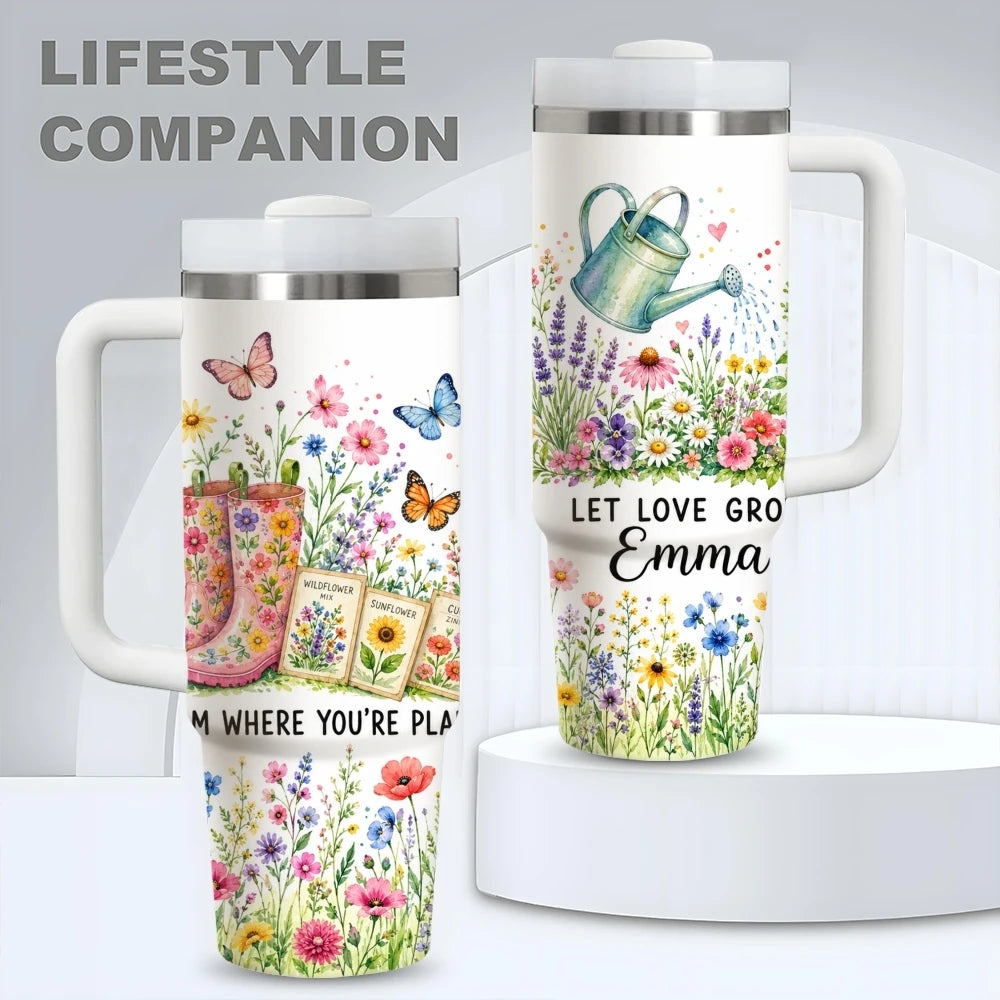 Luxury Garden Art Vacuum Flasks 40oz Stainless Steel Insulated Tumbler with Handle & Straw Leakproof Travel Mug