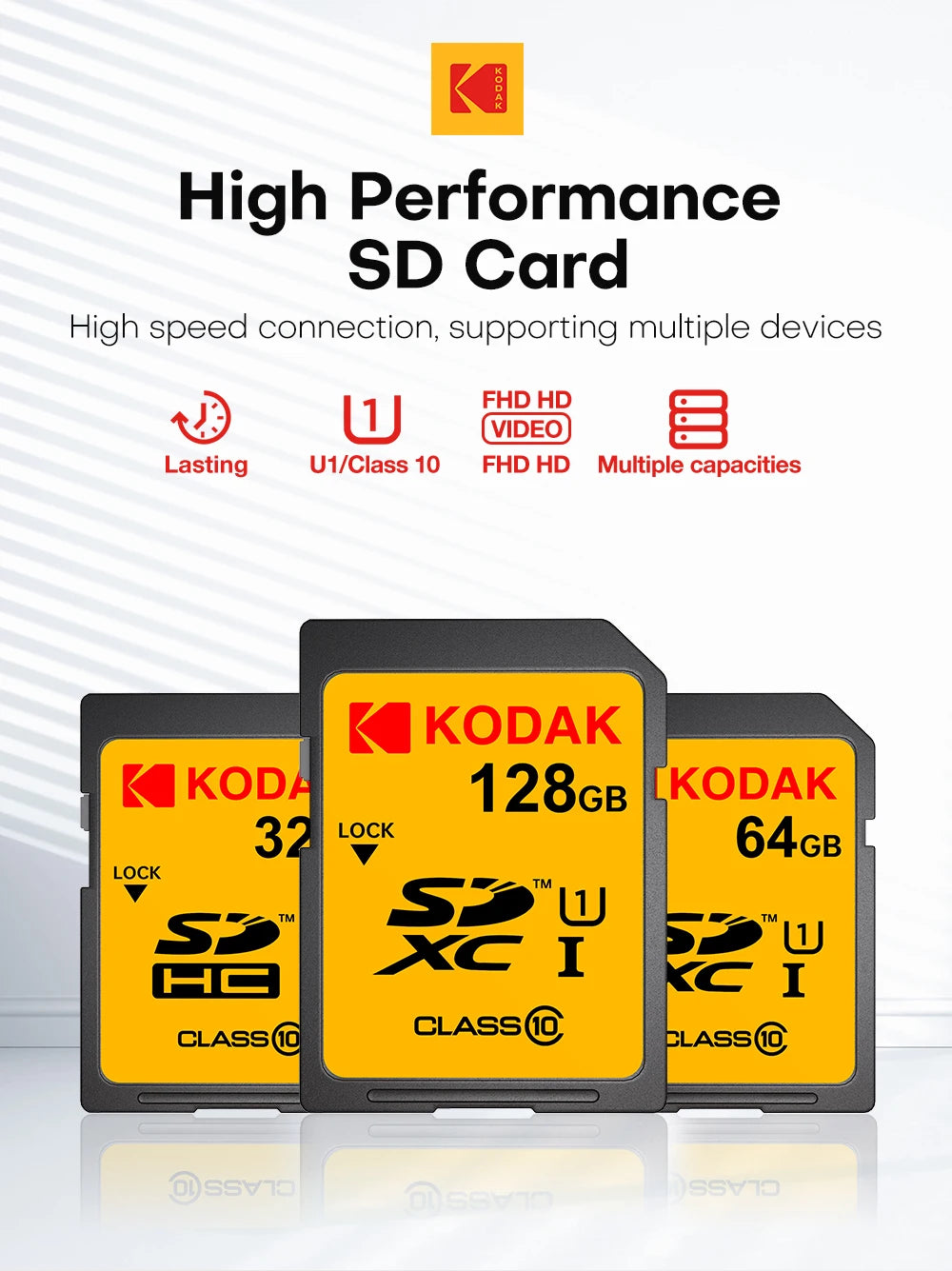 KODAK C10 SD Card C10 High Speed Flash Cards 32GB 64GB 128GB SDXC SDHC Class 10 Memory Card For DSLR Camera