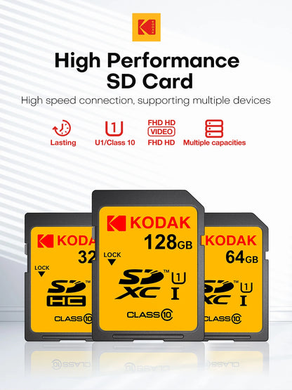 KODAK C10 SD Card C10 High Speed Flash Cards 32GB 64GB 128GB SDXC SDHC Class 10 Memory Card For DSLR Camera