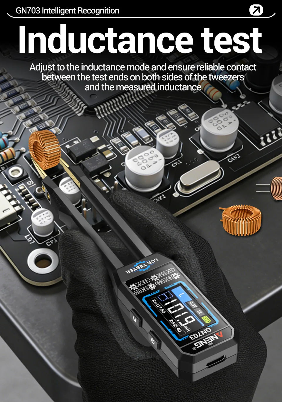ANENG GN703 Smart Tweezers LCR Meter Professional SMD ESR Test Capacitance Resistance Inductance Digital LCR Bridge Calibration