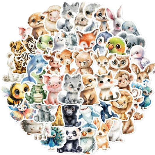 50PCS Watercolor Animal Stickers Cute Handbag Material Phone Case Laptop Water Cup Luggage Waterproof Stickers