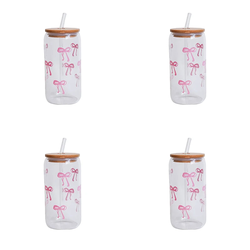 1/2/4/6Pcs Glass Cups with Bowknot Print, with Lid and Straw, Exquisite and High-End Bowknot Glass Cups, Suitable for Home Decoration, Daily Household Drinking Cups, Outdoor Picnic Cups, Party Cups, Breakfast Milk Cups, Gift-