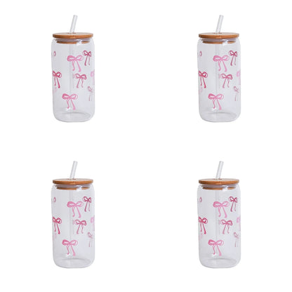 1/2/4/6Pcs Glass Cups with Bowknot Print, with Lid and Straw, Exquisite and High-End Bowknot Glass Cups, Suitable for Home Decoration, Daily Household Drinking Cups, Outdoor Picnic Cups, Party Cups, Breakfast Milk Cups, Gift-
