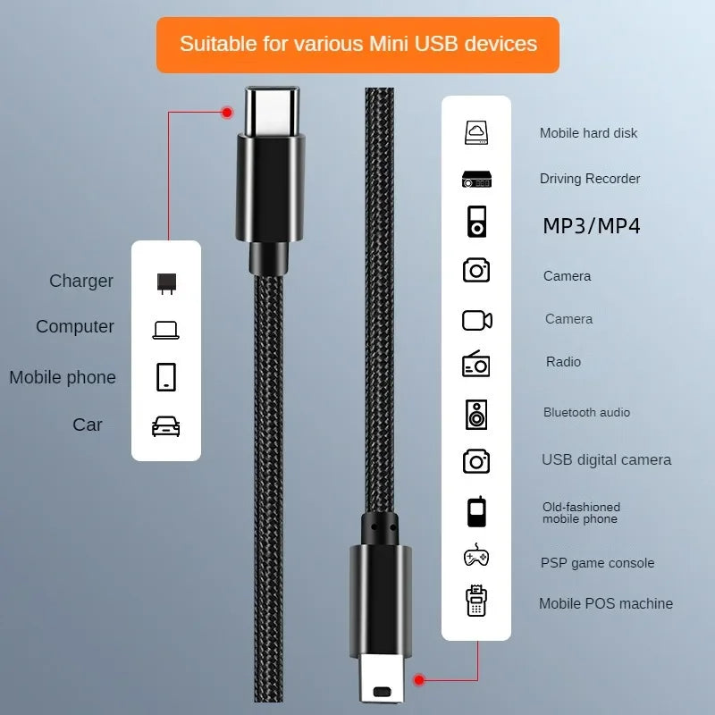 USB Type C to Mini USB Adapter Cable for Camera MP3 MacBook Pro HDD Charging Cable Data Transfer Connector Type-c Mini USB Cable