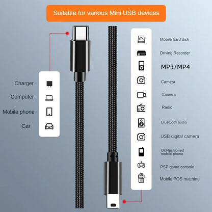 USB Type C to Mini USB Adapter Cable for Camera MP3 MacBook Pro HDD Charging Cable Data Transfer Connector Type-c Mini USB Cable