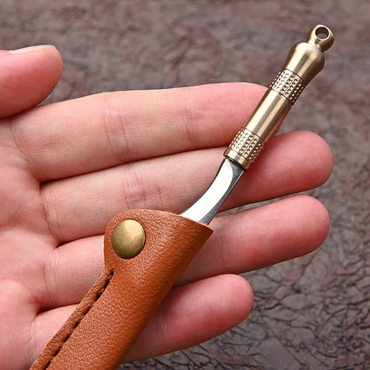 Portable Mini Knife Brass Wood Unboxing Hollow Blade EDC Fixed Blade Leather Cover Cutter Outdoor Surivival Tools Gift