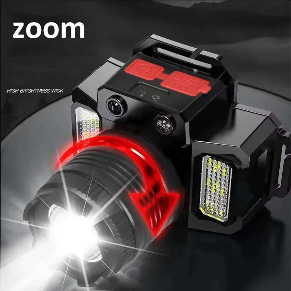 Zoomowalna Latarka Czołowa LED z Ładowaniem USB, Czujnik Ruchu, Wodoodporna Czołówka, Latarka Awaryjna, Czołowa Lampa Robocza