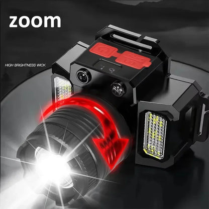 Zoomowalna Latarka Czołowa LED z Ładowaniem USB, Czujnik Ruchu, Wodoodporna Czołówka, Latarka Awaryjna, Czołowa Lampa Robocza
