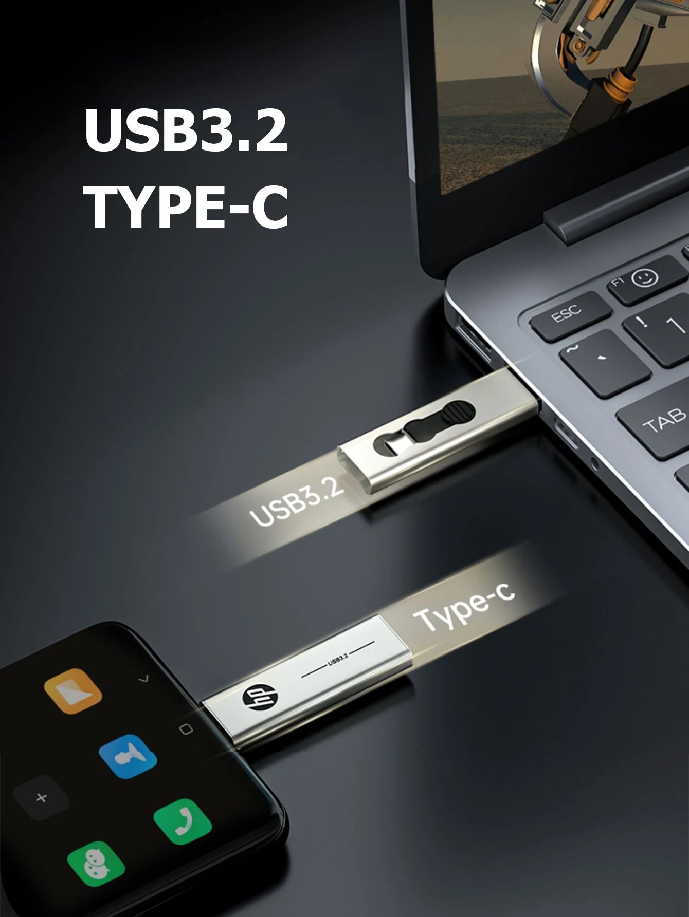 100% Original HP OTG Type C USB3.2 USB Flash Drive Pendrive 256GB 128GB 64GB 2 in 1 U-disk for Laptop PC Media player Cellphone