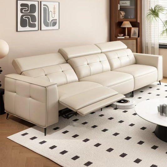 Modern Power Reclining Sofa with Adjustable Headrests – Genuine Leather Recliner Couch with USB, Side Storage and Cup Holders