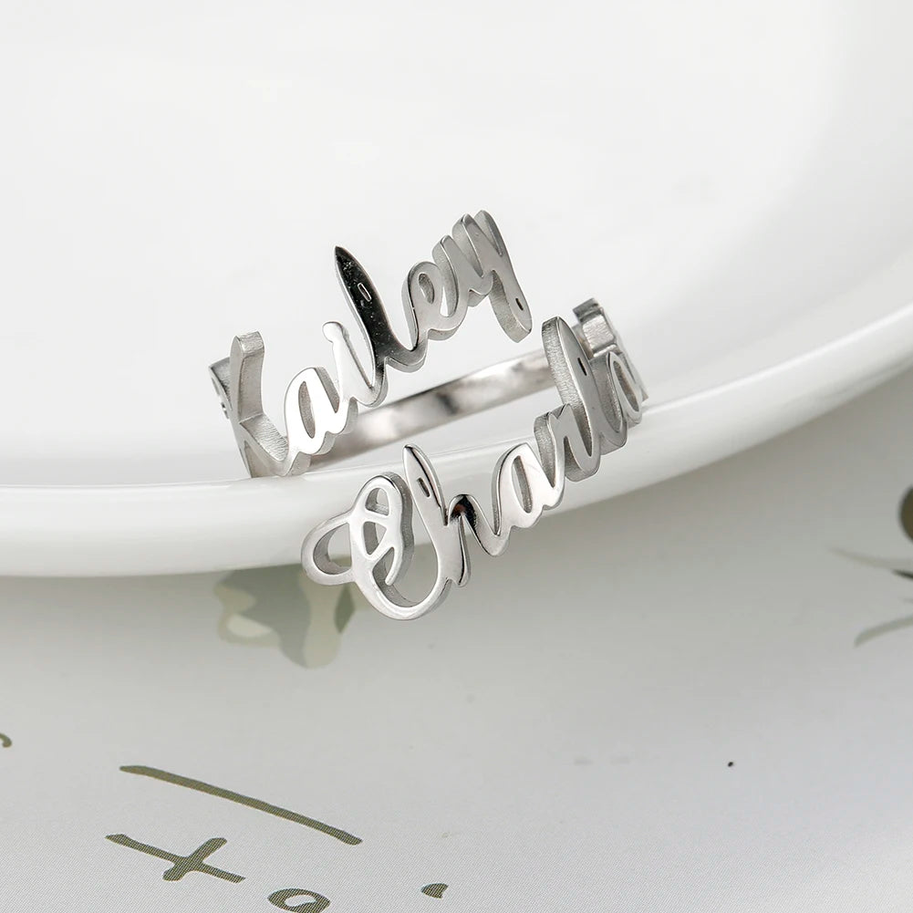 Custom Double First Name Finger Ring For Women Men Personalized Couple Wedding Gift Gold Color Stainless Steel Open Ring Jewelry