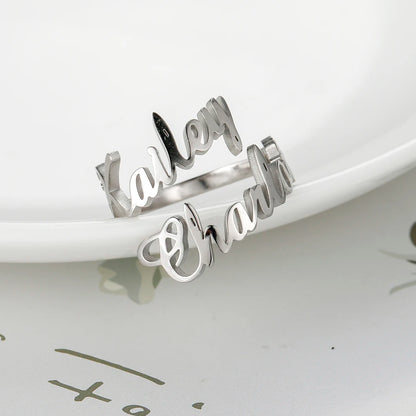 Custom Double First Name Finger Ring For Women Men Personalized Couple Wedding Gift Gold Color Stainless Steel Open Ring Jewelry