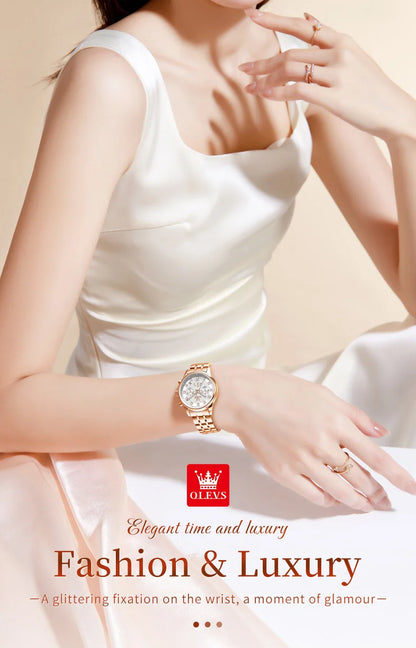OLEVS 3669 Original Chronograph Quartz Wristwatch for Lady Calendar Waterproof Steel Strap Elegant Dress Women's Watches