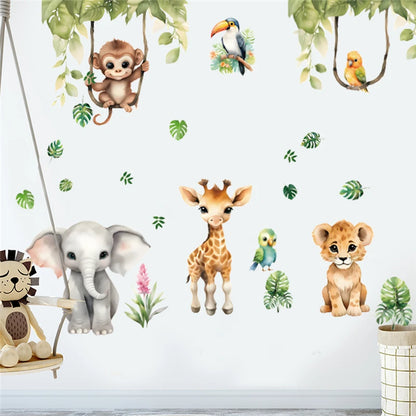 Funny Animals Party Wall Sticker For Kids Bedroom Decoration Forest Safari Monkey Elephant Mural Art Diy Home Decals Pvc Posters