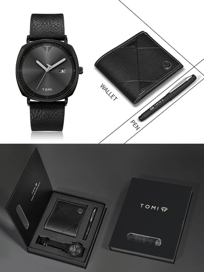 TOMI 3PCS Simple Business Men Watch Wallet Gift Box Set High Quality Classic Versatile Men Quartz Watch Clock Gifts Reloj