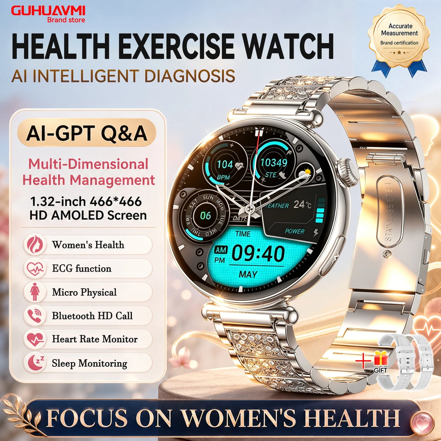 2026 New Women's Health Care Smartwatch ECG Blood Pressure Uric Acid Blood Lipids Sports IP68K Bluetooth call Fashion Smartwatch