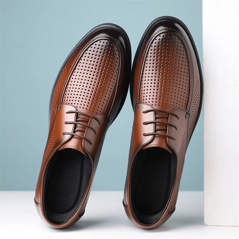 Men's Summer Breathable Leather Shoes Hollow out Comfortable Soft Bottom Business Derby Shoes British Style-SJ5333-1