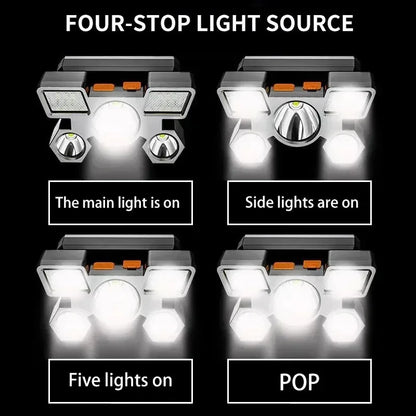 5 LED Flashlight Rechargeable with Built in Lithium Battery Strong Head Light Camping Adventure Fishing Cycling Headlamp