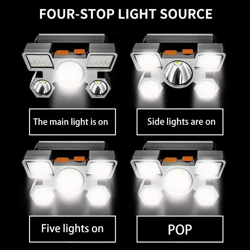 5*LED High Power Headlamp, Super Bright Rechargeable Fishing Camping Light, Long Distance Head Mounted Mining Lamp, Flashlight