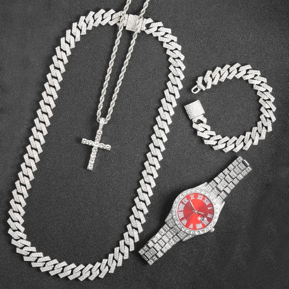 Men's Hip Hop Trendy Fashion Large Dial Diamond Inlaid Cuban Chain Watch Set
