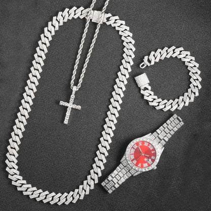 Men's Hip Hop Trendy Fashion Large Dial Diamond Inlaid Cuban Chain Watch Set