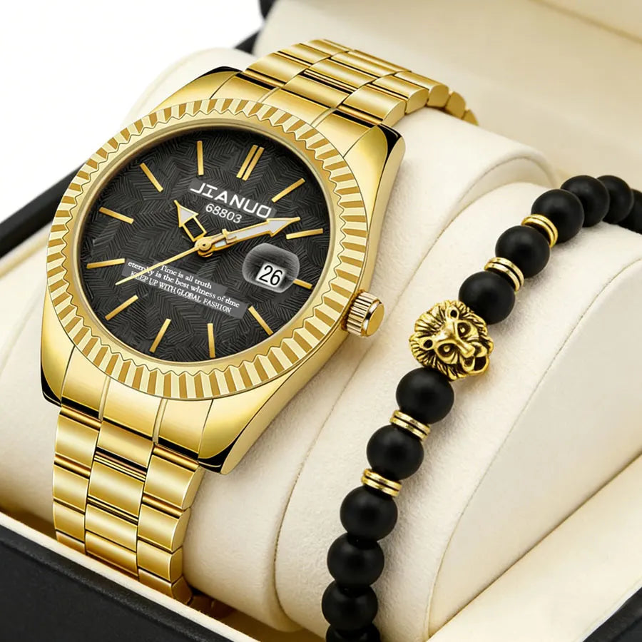 Luxury men's steel band watch calendar embossed atmosphere trend gold business quartz watch 2-piece set lion bracelet watch