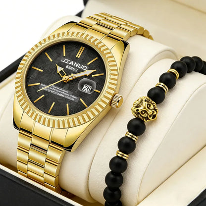 Luxury men's steel band watch calendar embossed atmosphere trend gold business quartz watch 2-piece set lion bracelet watch
