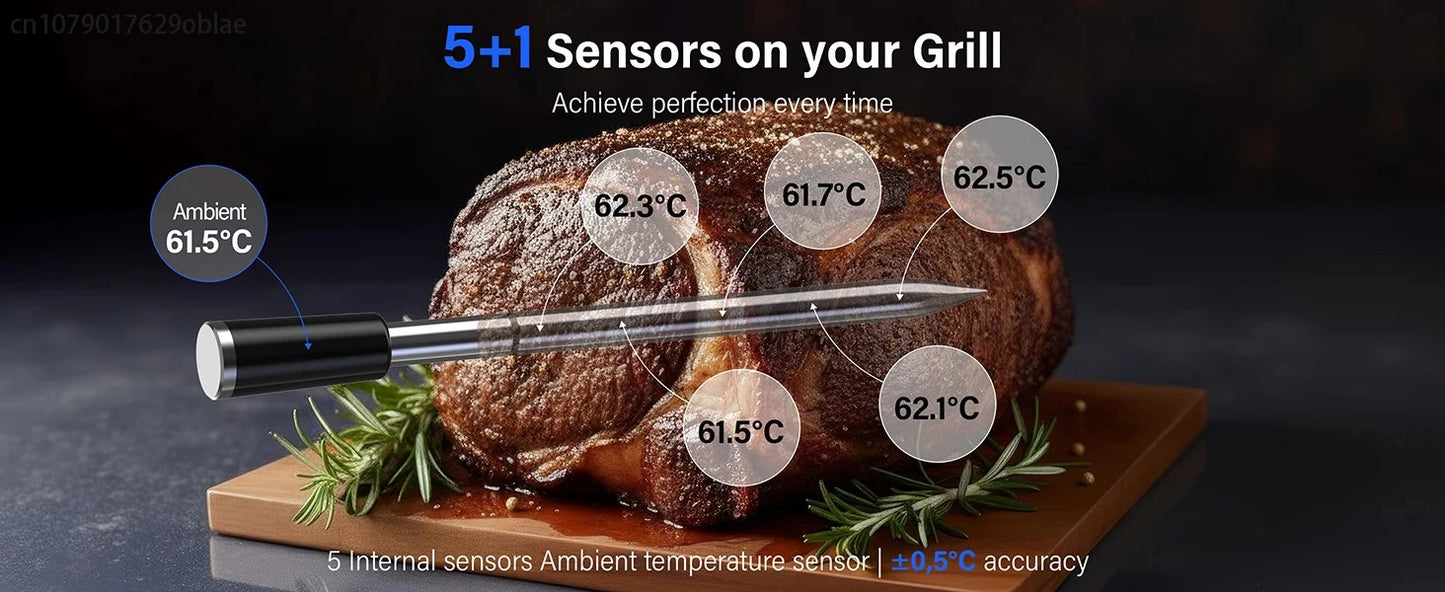 Wireless Meat Thermometer Digital with WiFi Unlimited Range & Bluetooth Support APP Alarm Reminder for BBQ, Oven, Air Fryer