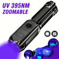 395nm LED UV Flashlight Rechargeable Zoomable Torch Light for Pet Urine Stain Detector Tools Lantern Money Fluorescer Detector