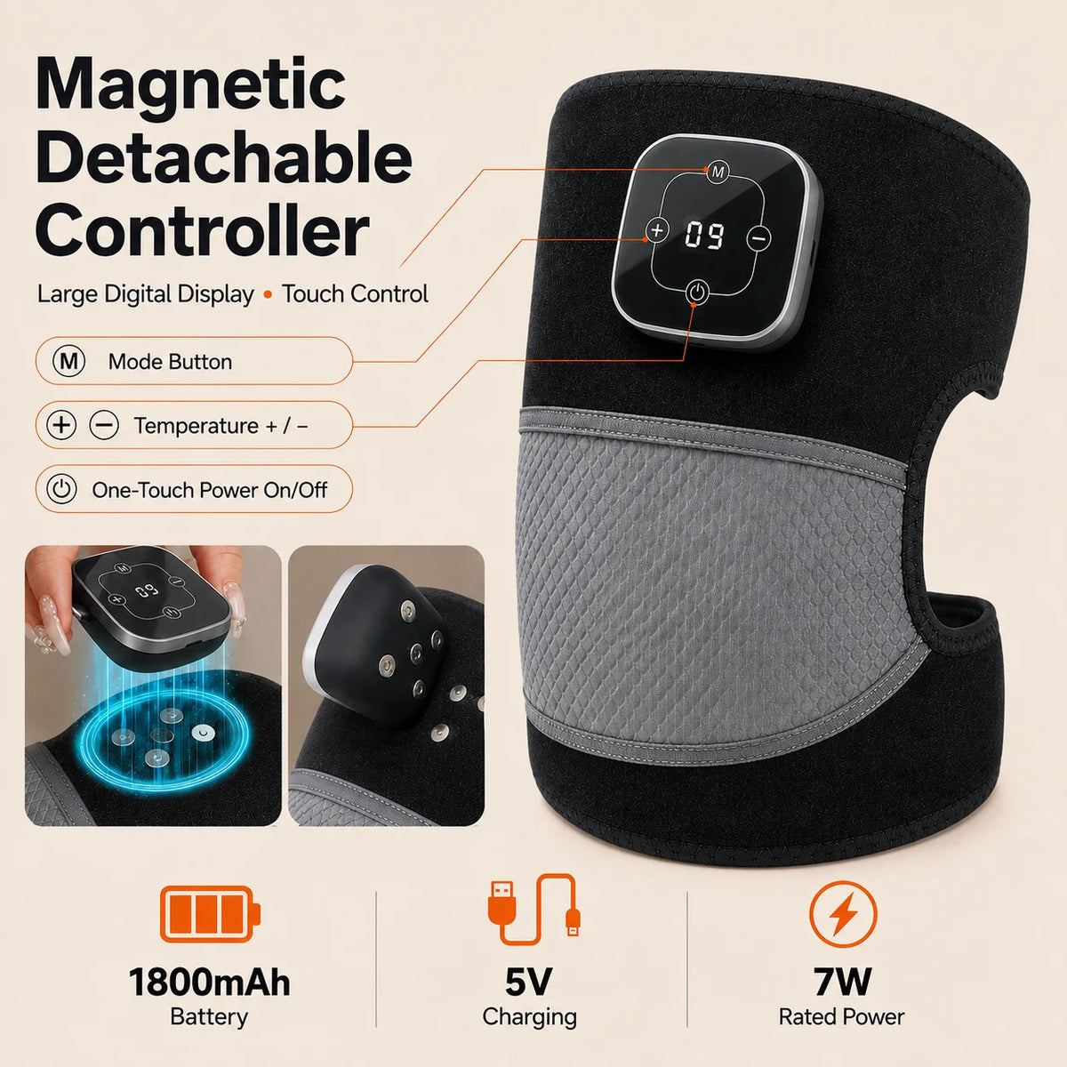 Cordless Heated Knee Massager, 5 Heat Levels 3 Vibration Levels, Magnetic Controller, Mugwort Wrap for Knee Shoulder Elbow Brace