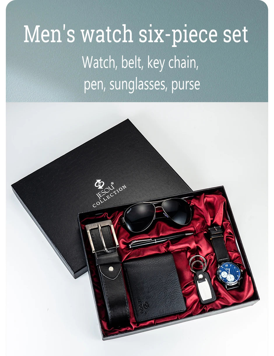 Gift Business Luxury Company Mens Set 6 in 1 Watch Glasses Pen Keychain Belt Purse Welcome Holiday Birthday