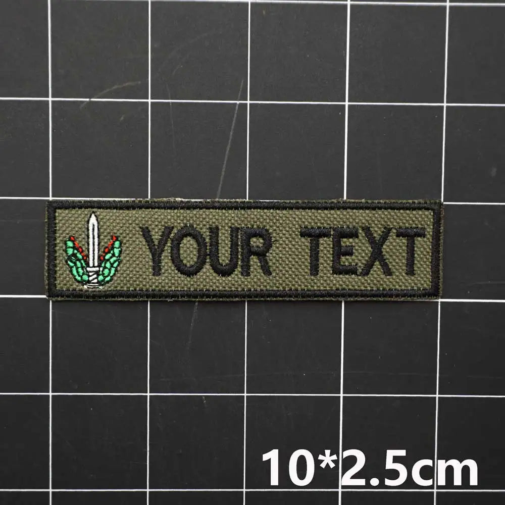 Customized name text embroidery patch with tactical patch army green background, tactical name sticker, hook and fur on the back