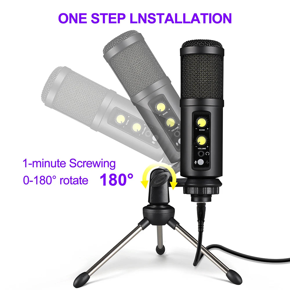 Metal USB Microphone,with Headphone Output,Volume and Echo Control,Mute Button,Condenser Gaming Mic for PC/Laptop,for Singing