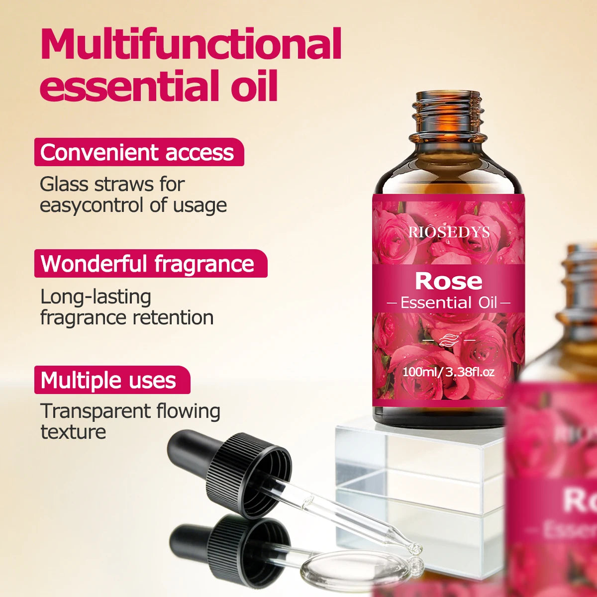 100ml ROSE ESSENTIAL OIL is a Suitable for massage and skincare, deeply nourishes and moisturizes, and improves skin condition.