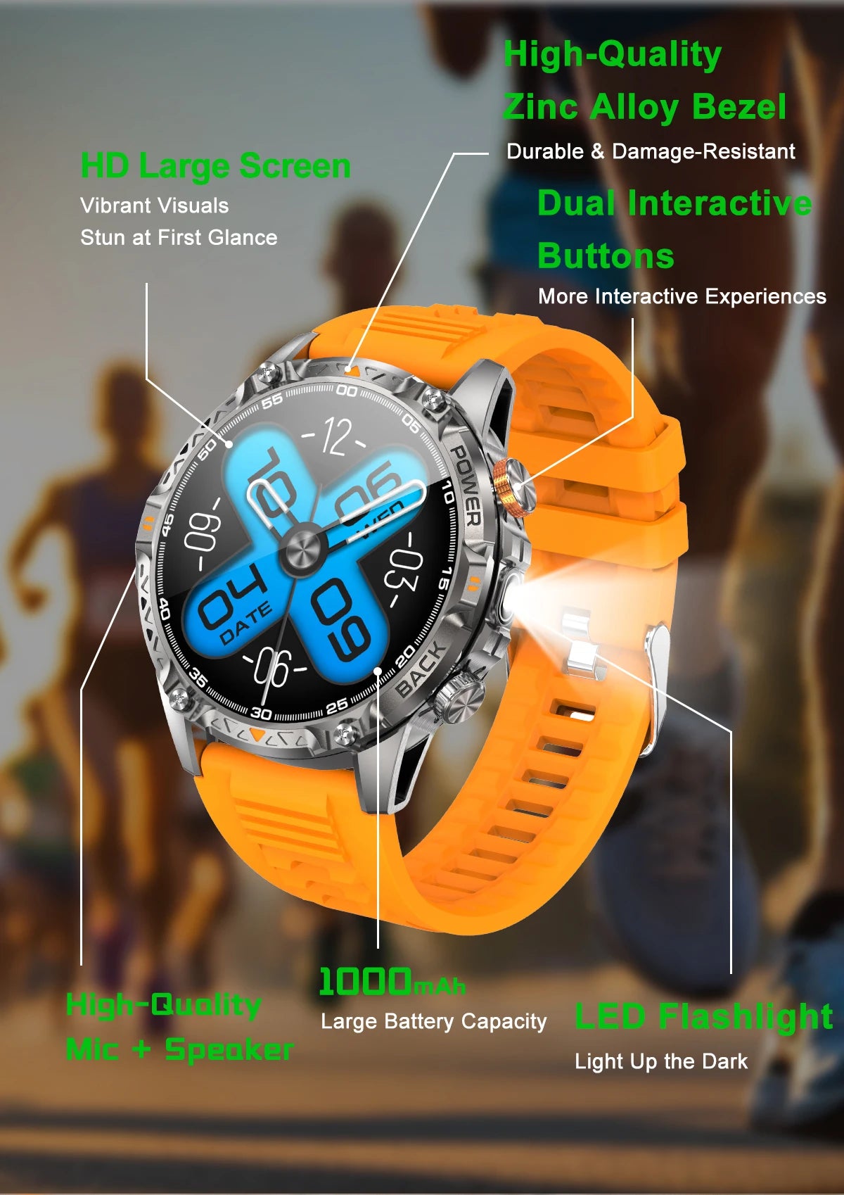 LIGE Nowy wojskowy do T-Rex 3 Ultra Smart Watch Bateria 1000 mAh Wodoodporny IP68 Kompas Latarka Sportowy monitor Smartwatch Mężczyźni