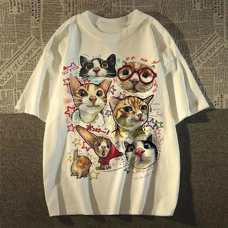American Retro Fun Cartoon Cat Print Short-sleeved T-shirt Women's Summer Loose Top T-shirt Graphic T Shirts Women Clothing Y2K